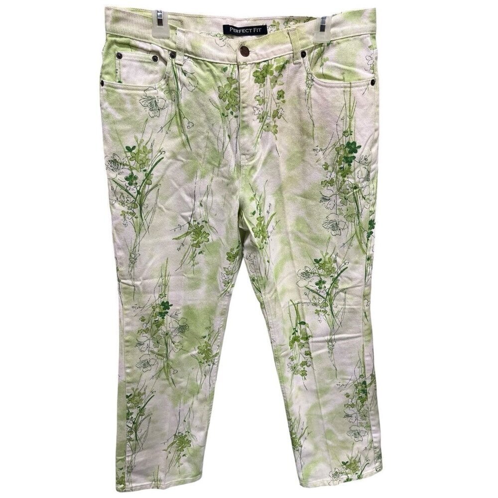 Vintage Bill Blass Women's 14 Green Floral Jeans Cropped Perfect Fit 100% Cotton